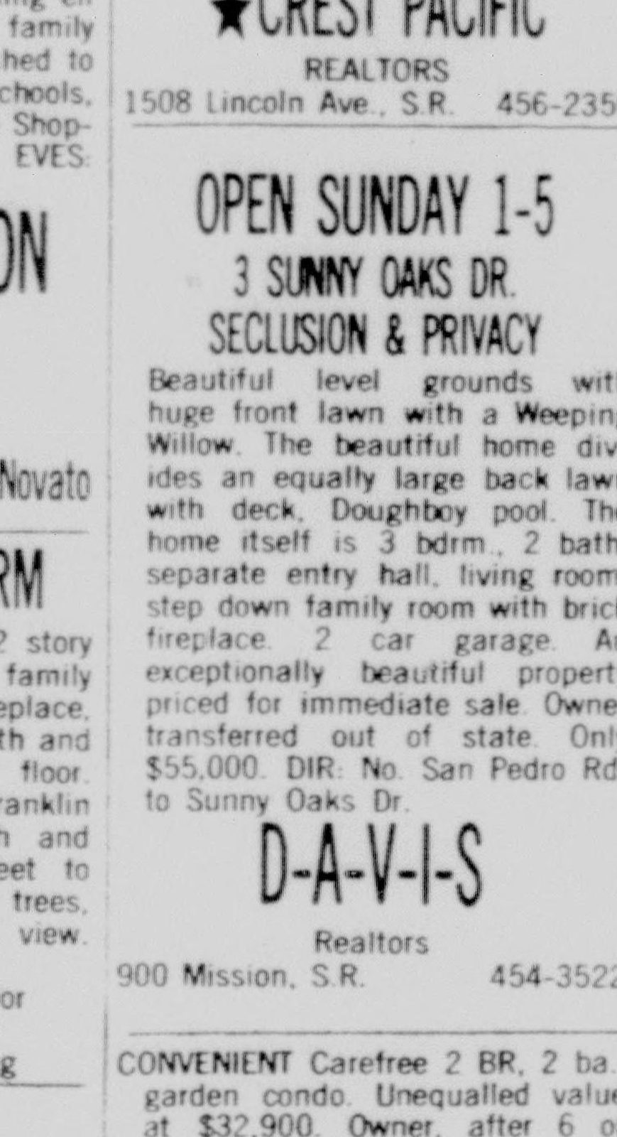 Late 1974: an open-house ad for "3 Sunny Oaks Dr