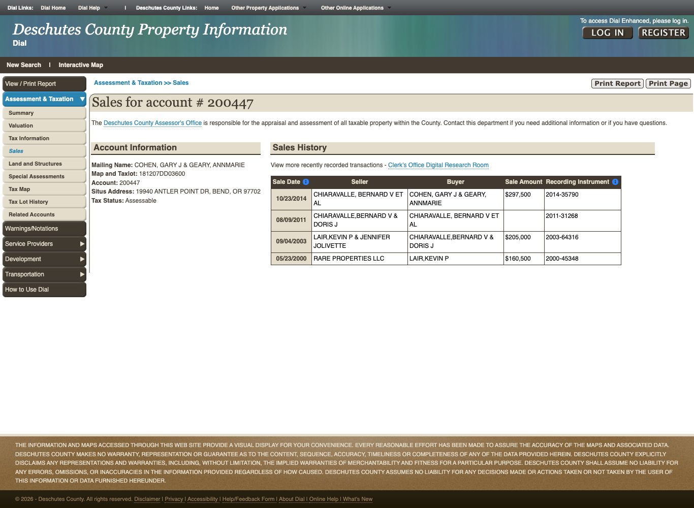 The county sales history for 19940 Antler Point Drive: bought 2003, re-deeded 2011, sold 2014