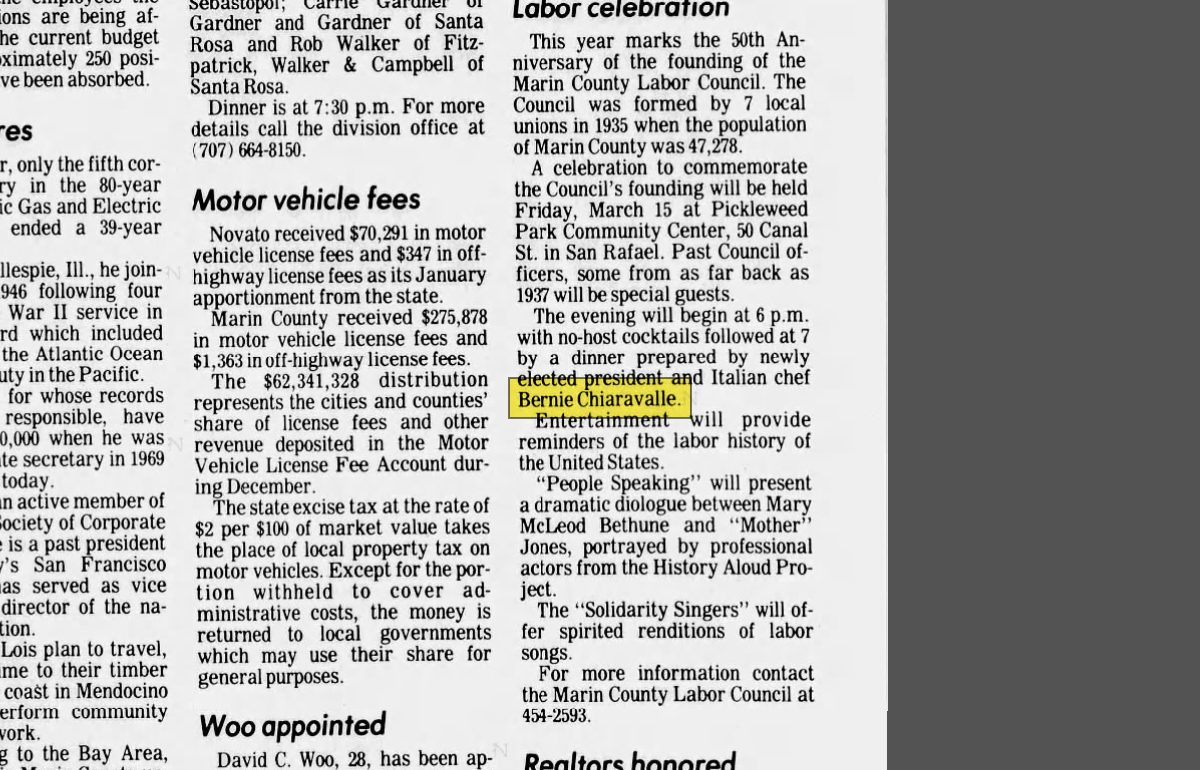 February 1985: the Marin County Labor Council's 50th anniversary dinner, "prepared by newly elected president and Italian chef Bernie Chiaravalle