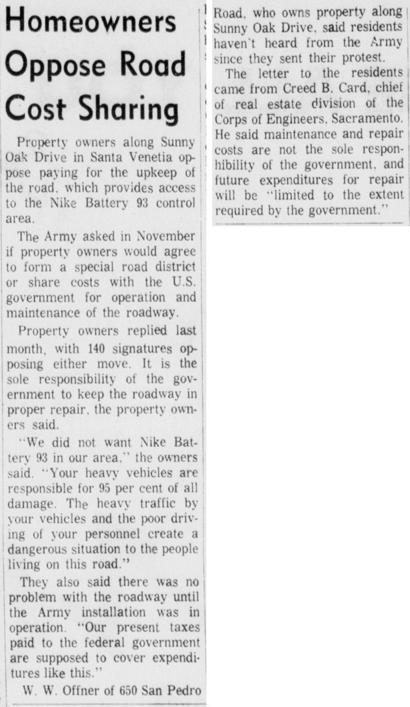 January 1968: homeowners refuse to share the cost of the old Nike missile road: "We did not want Nike Battery 93 in our area