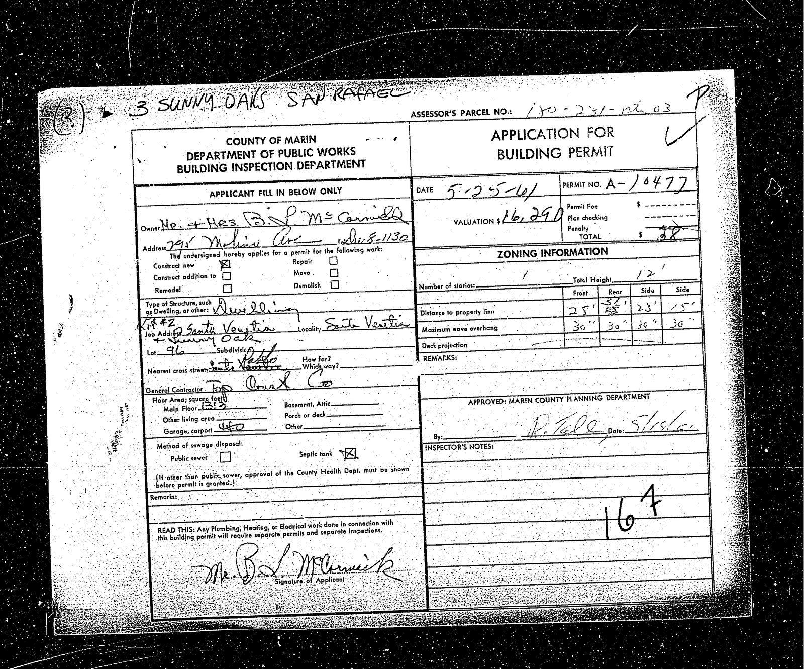 May 25, 1961: permit A-10477, a one-story house of 1,313 square feet for Mr