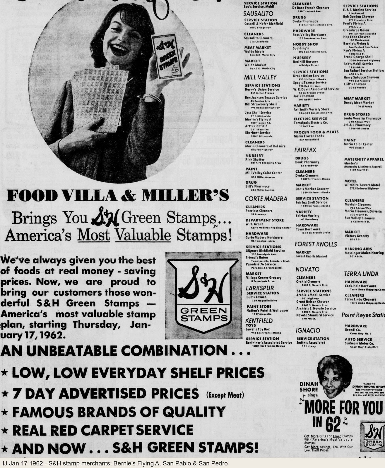 January 1962: "Bernie's Flying A, San Pablo & San Pedro" on the S&H Green Stamp merchants list