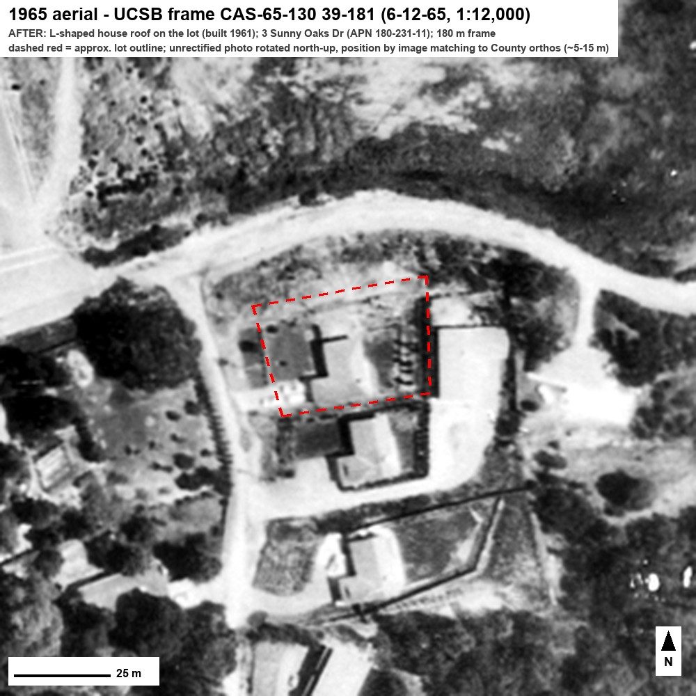 3 Sunny Oaks Drive (outlined in red) on June 12, 1965