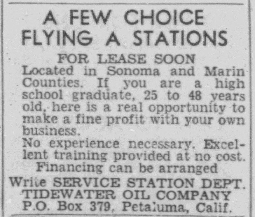 November 1959: Tidewater Oil offers "a few choice Flying A stations for lease soon" in Marin and Sonoma