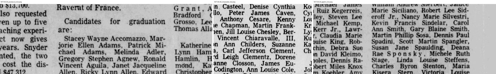 June 1971 graduates: Stacey Wayne Accomazzo, "Bernard Vincent Chiaravalle, III" and Dennis Paul Spadini