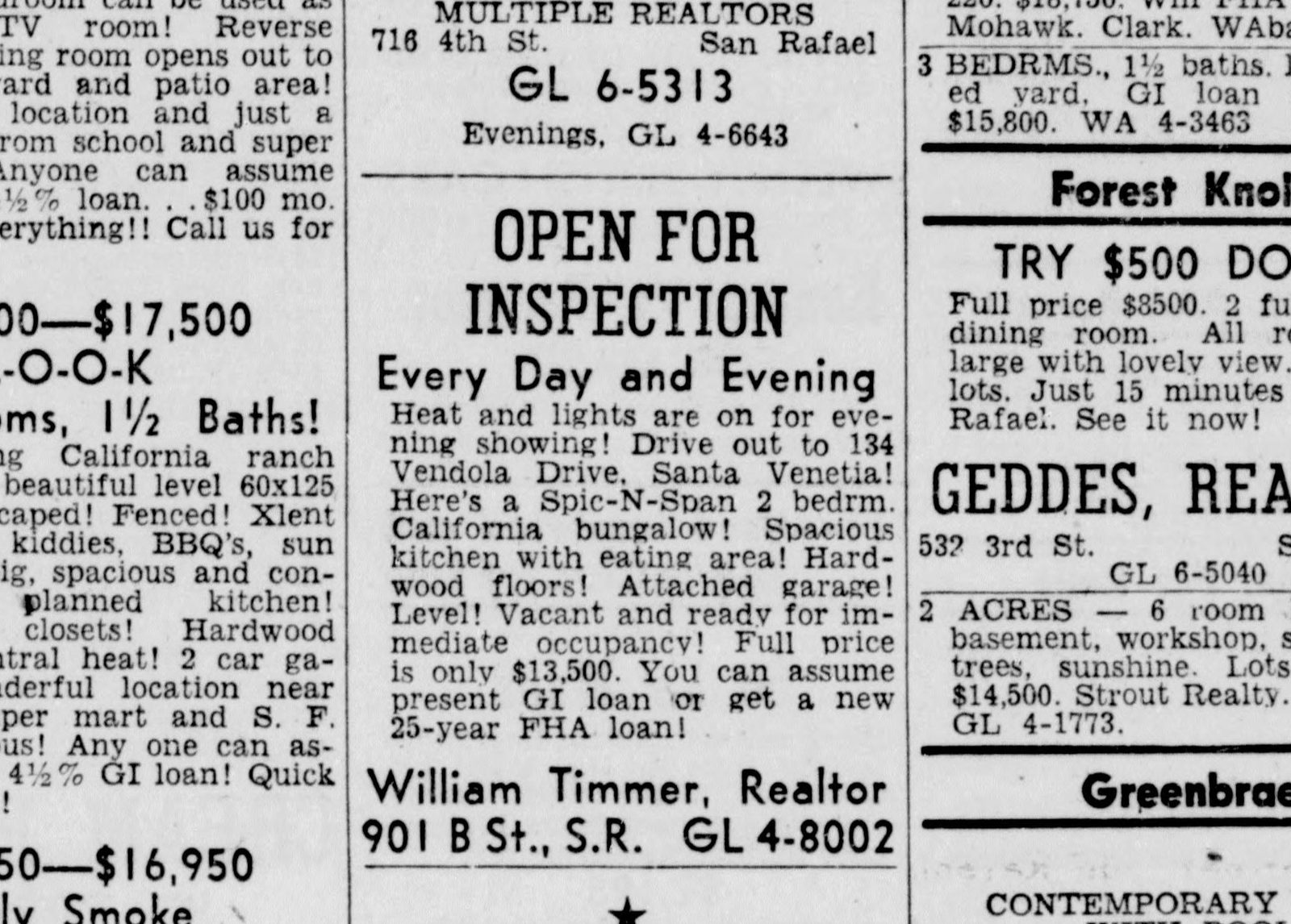 April 13, 1959: "Drive out to 134 Vendola Drive, Santa Venetia! Here's a Spic-N-Span 2 bedrm