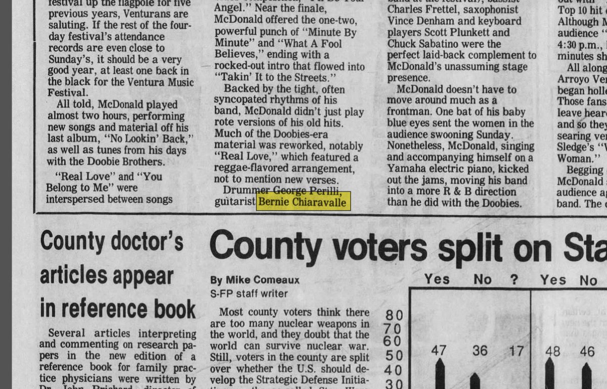 July 4, 1988: the Ventura County Star reviews McDonald at Arroyo Verde Park and names "guitarist Bernie Chiaravalle